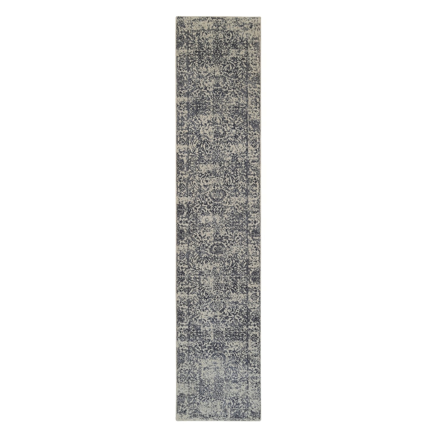 2'7"X12'2" Hand Loomed Gray Fine Jacquard Wool And Silk Runner Rug