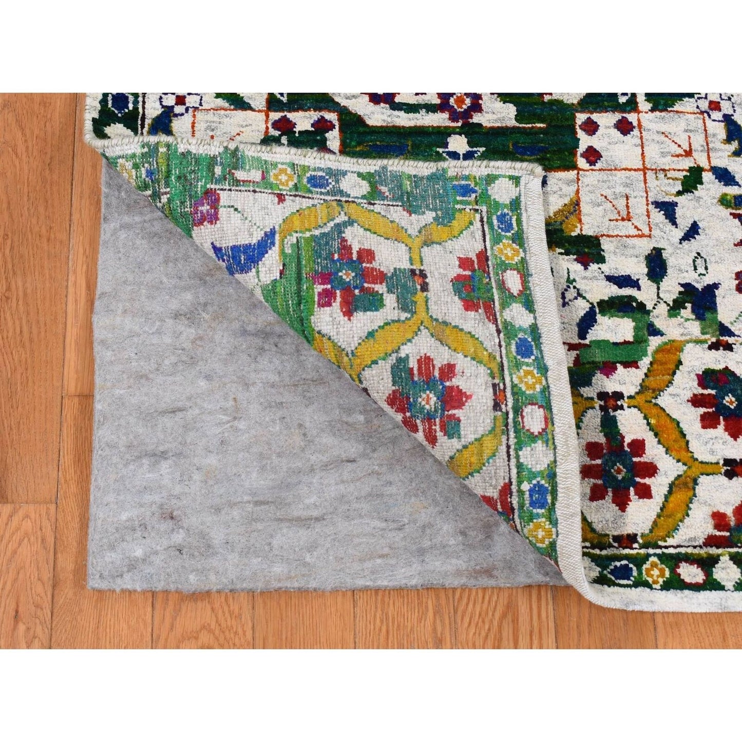 9'X12'1" Ivory Sari Silk Colorful Mamluk Design Hand Knotted Rug