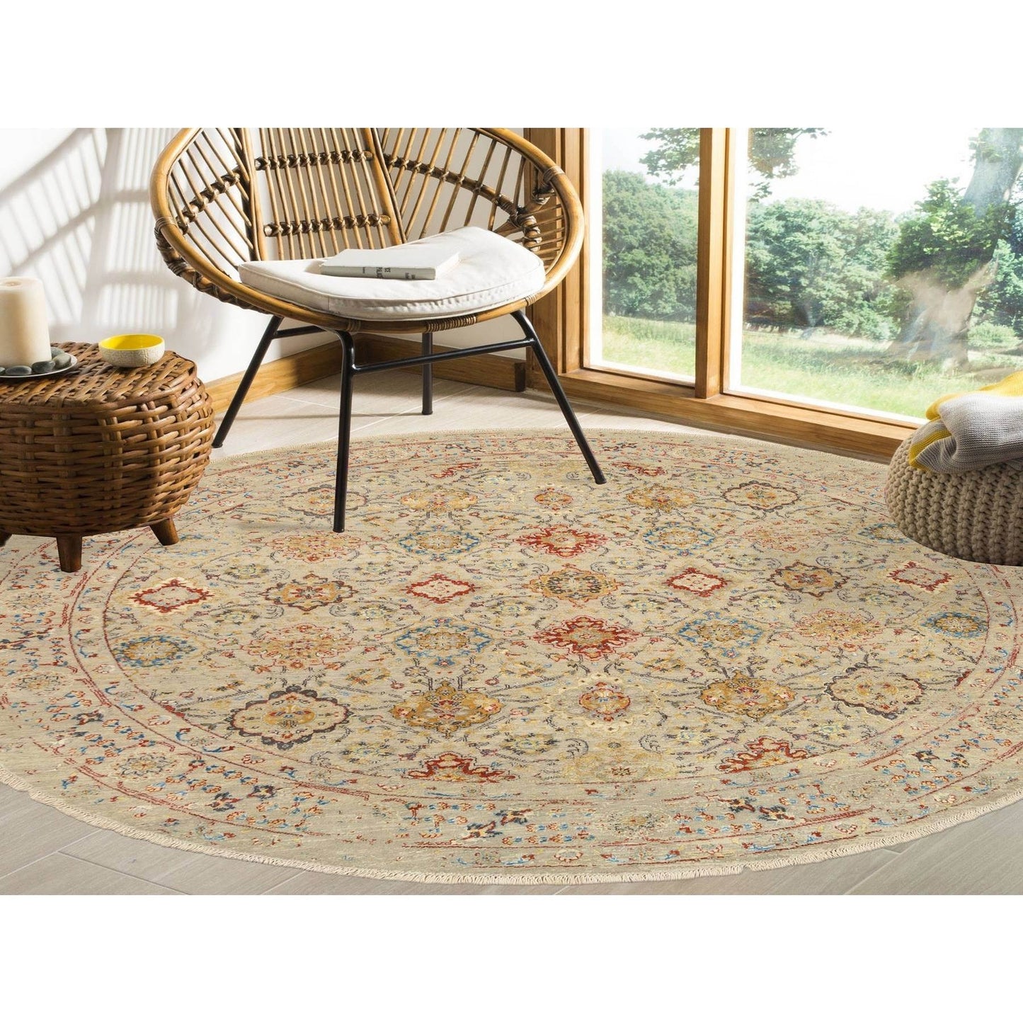 8'9"X8'9" Beige Wool And Pure Silk Hand Knotted Oriental Round Rug