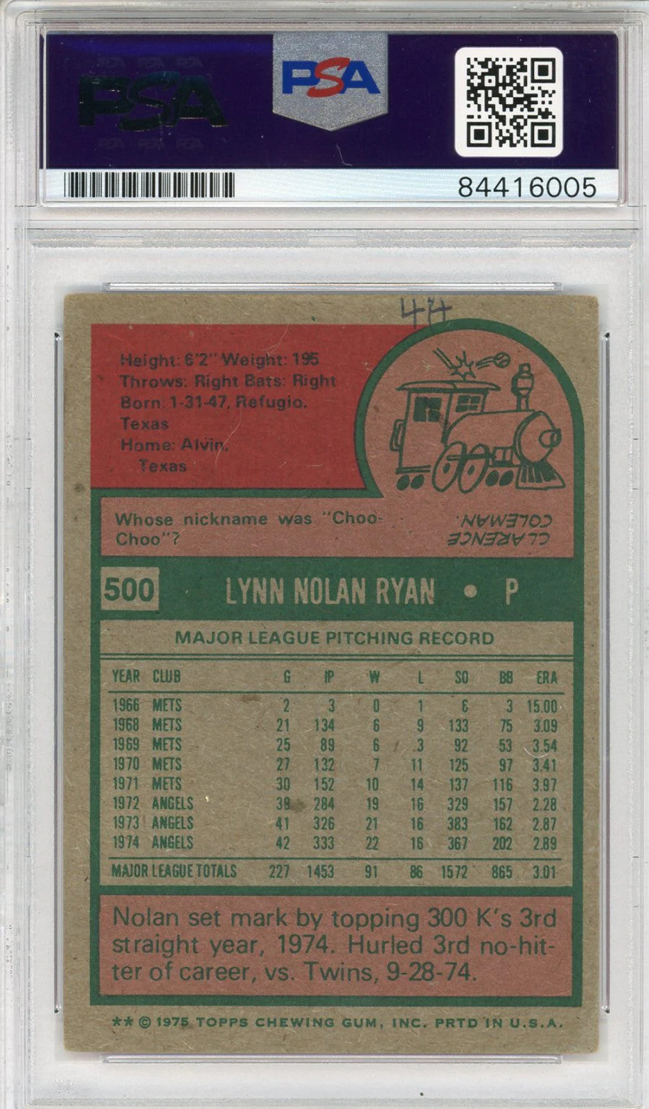Nolan Ryan "Hof 99" Autographed 1975 Topps Card (Psa Auto Gem Mint 10)