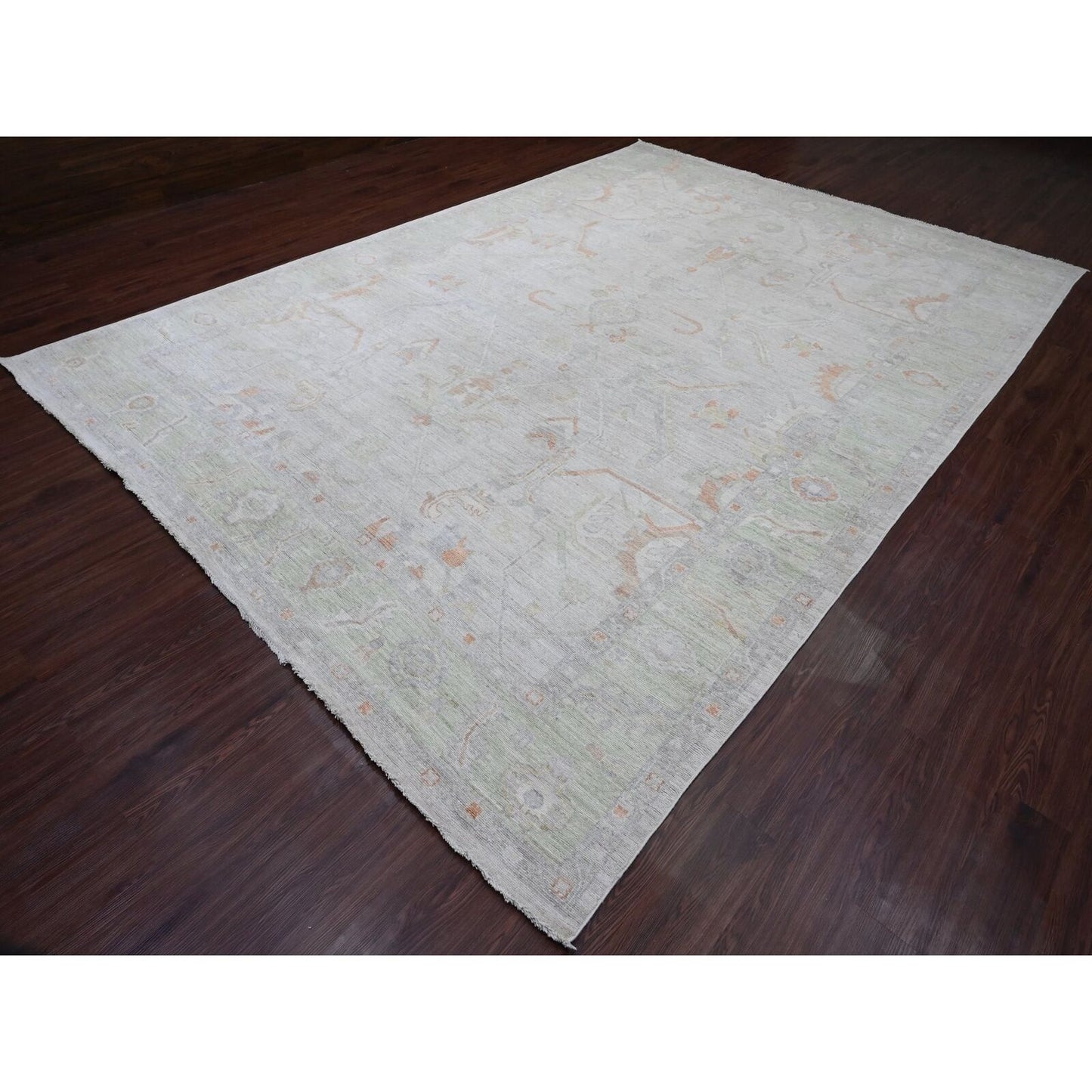 9'7"X13'6" White Afghan Angora Oushak Vines Design Wool Hand Knotted Rug