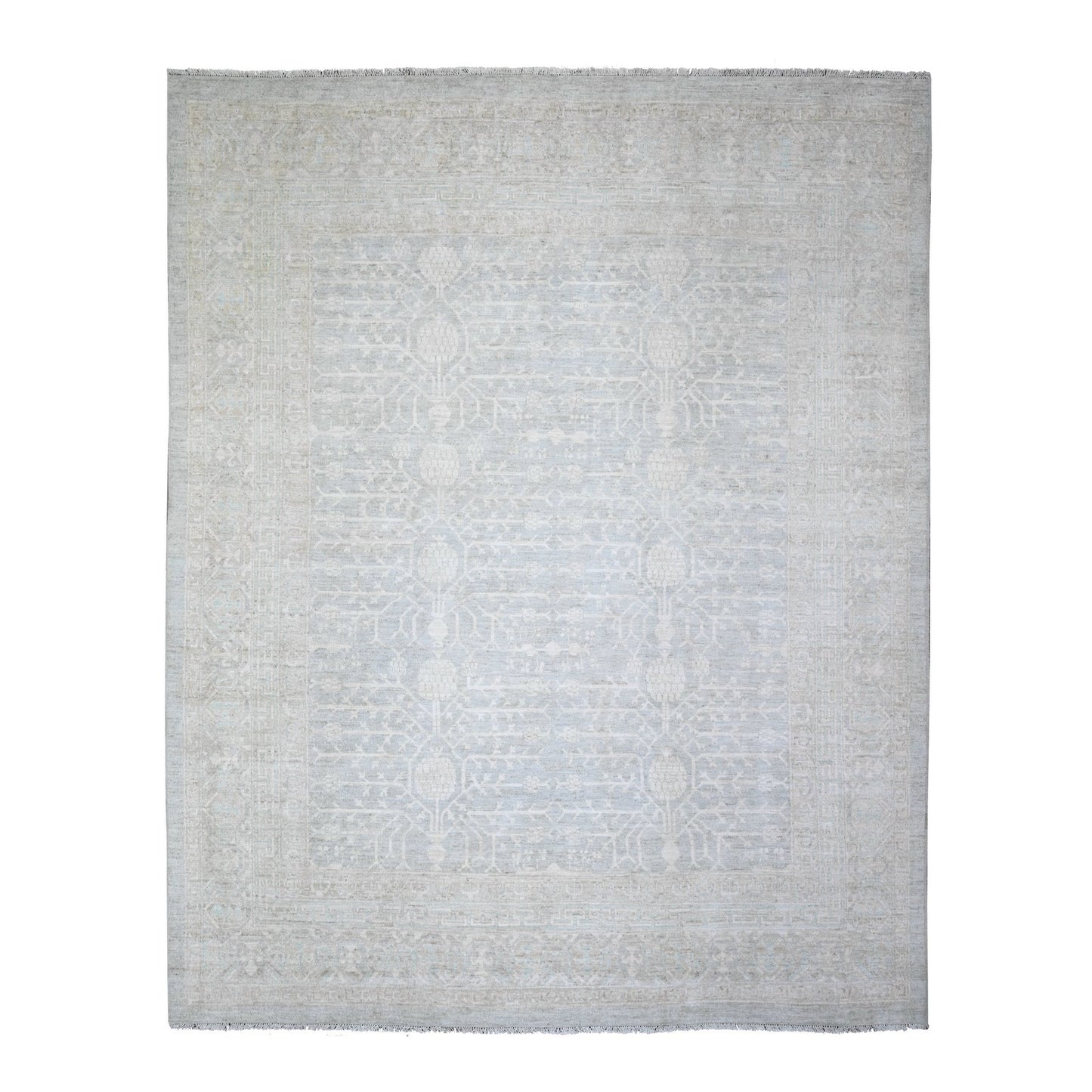 8'X9'10" Chrome Gray Khotan Pomegranate Wool Hand Knotted Oriental Rug