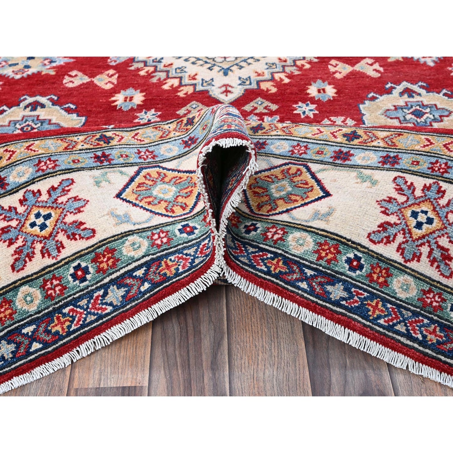 5'10"X8'8" Red Kazak With Geometric Medallions Design Wool Hand Knotted Rug