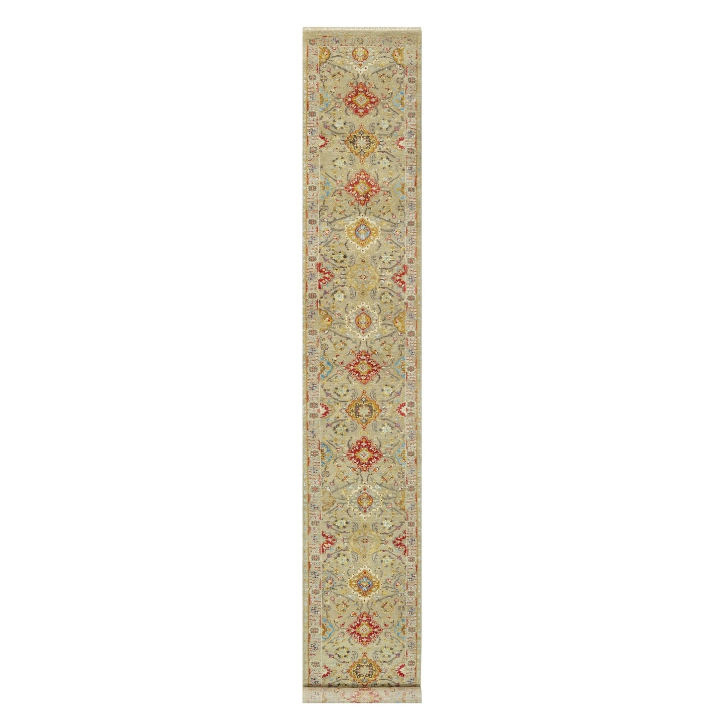 2'9"X18' Beige Wool And Silk Sunset Hand Knotted Runner Oriental Rug