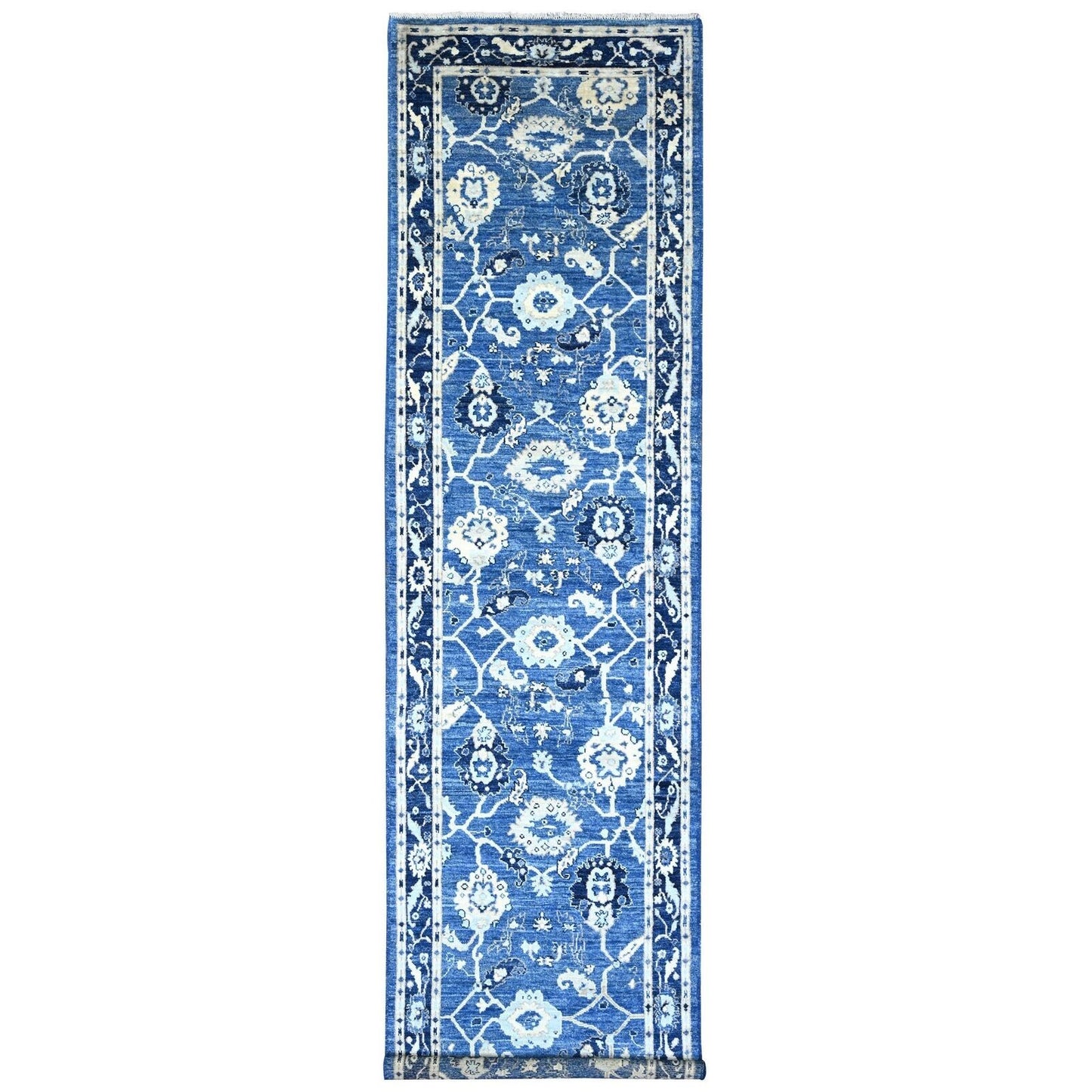 4'X15'7" Blue Hand Knotted Angora Oushak Leaf Design Pure Wool Runner Rug