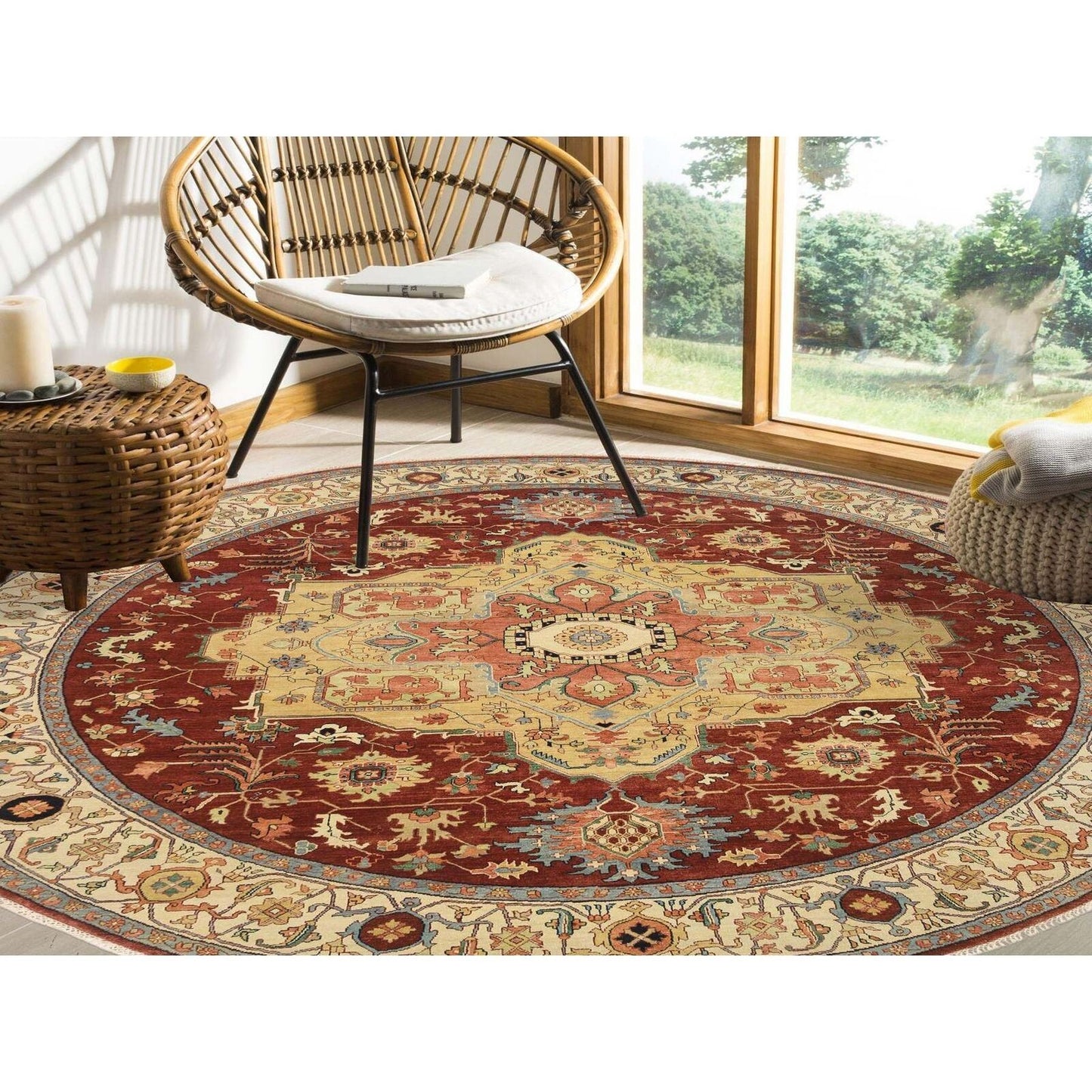 10'X10' Red Hand Spun Wool Hand Knotted Antiqued Fine Heris Round Rug