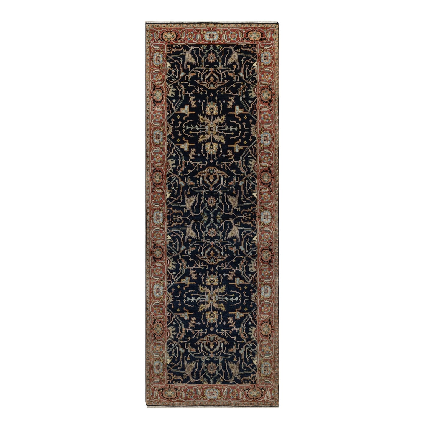 4'2"X12'2" Navy Antiqued Heris Re-Creation Hand Knotted Wool Runner Rug