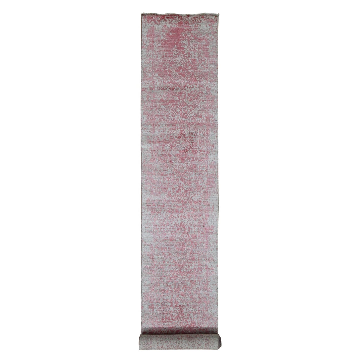 2'5"X15'7" Pink Zoroastrian Design Wool,Pure Silk Hand Knotted Runner Rug