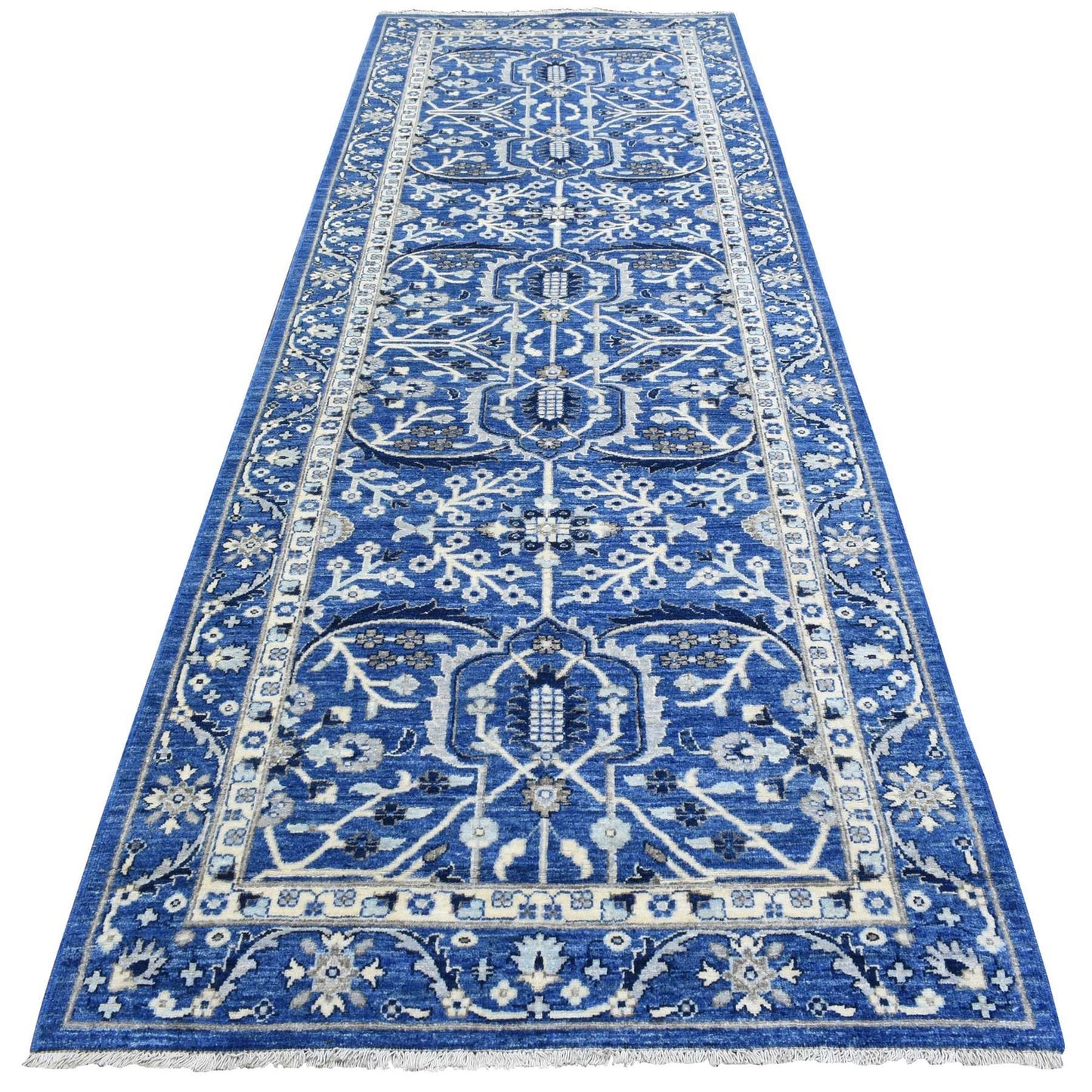 4'3"X11'9" Blue Fine Peshawar Soft Wool Hand Knotted Wide Runner Rug