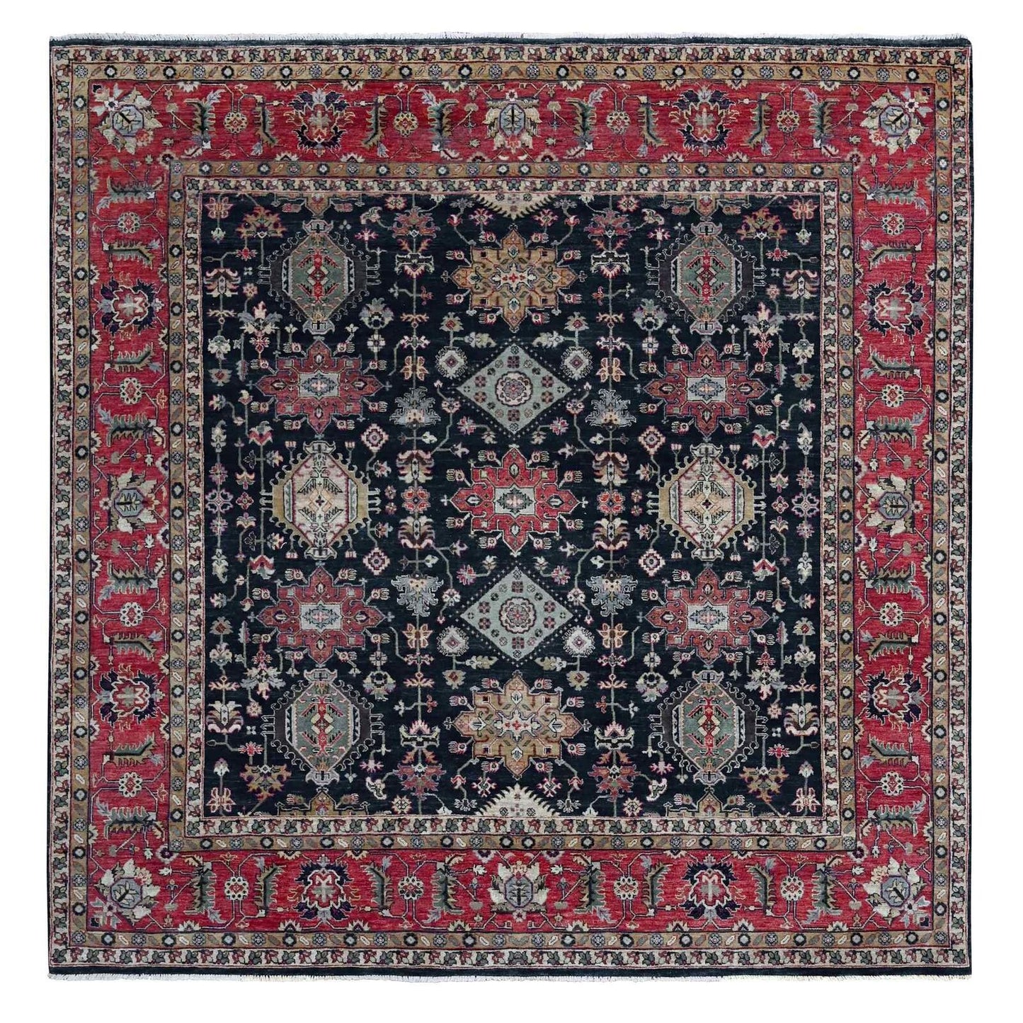 10'2"X10'2" Black Hand Knotted Karjihooz Design 100% Wool Square Rug
