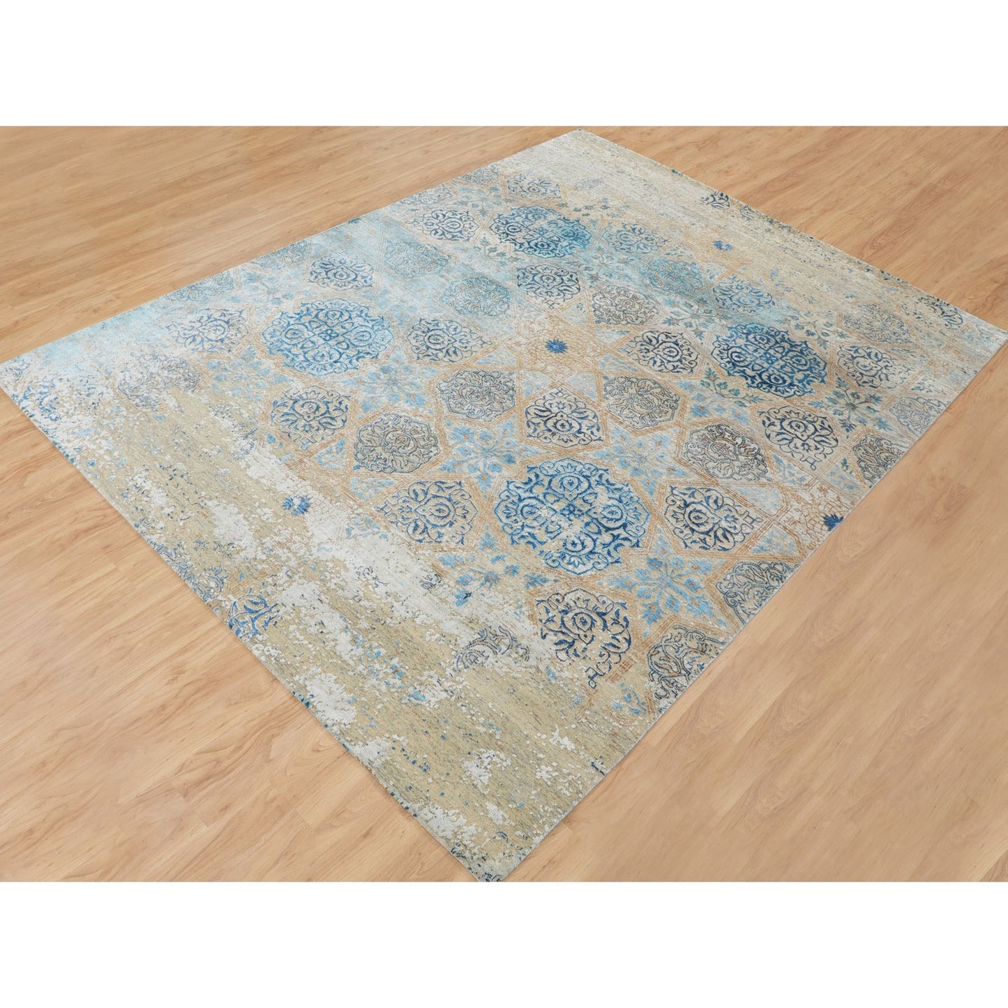 8'10"X12' Gray Snowflake Silk With Textured Wool Oriental Rug