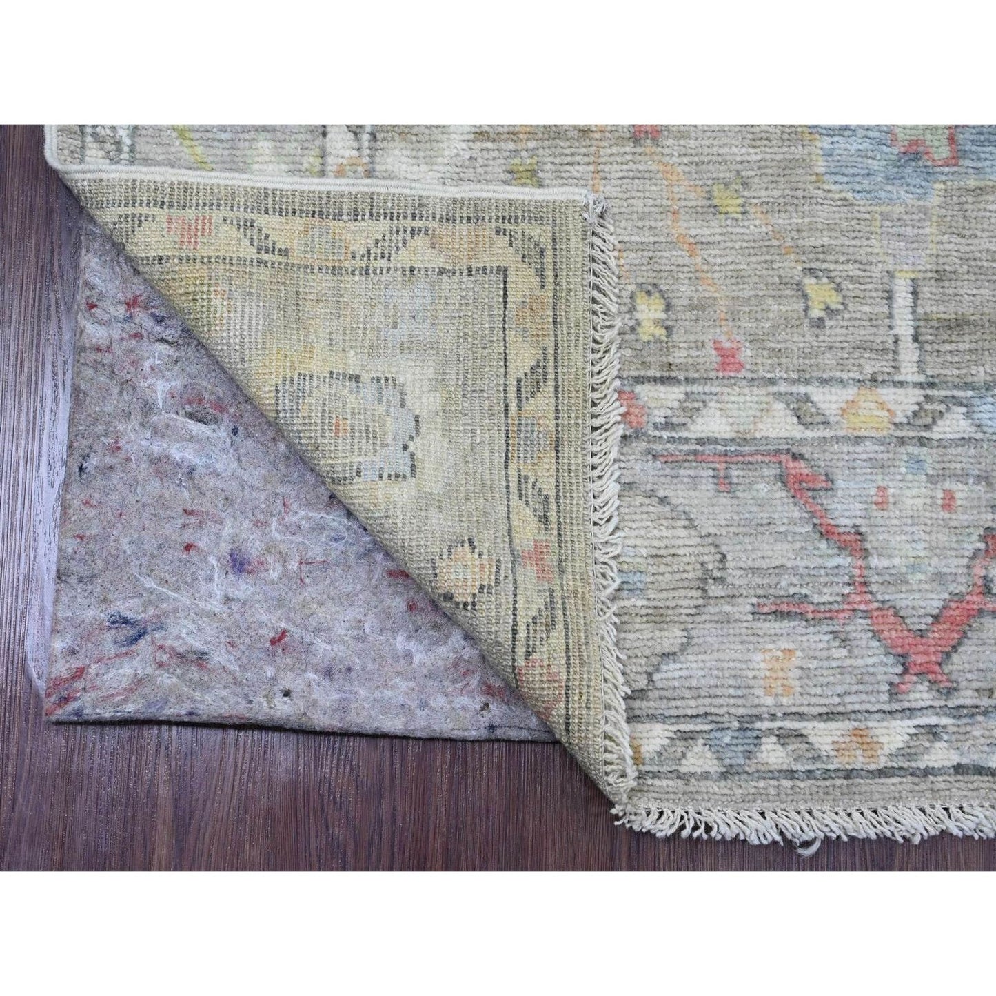 3'10"X12'1" Gray Hand Knotted Angora Oushak Leaf Design Wool Runner Rug