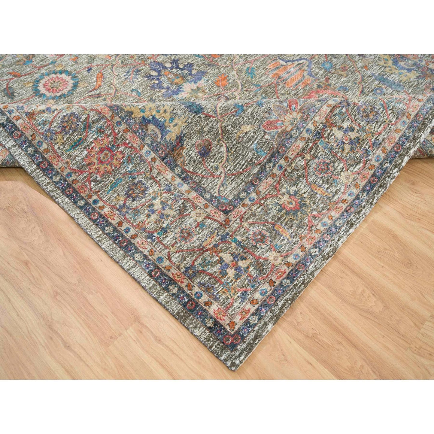8'X10'1" Taupe Hand Knotted Striae Pattern Silk Textured Wool Rug
