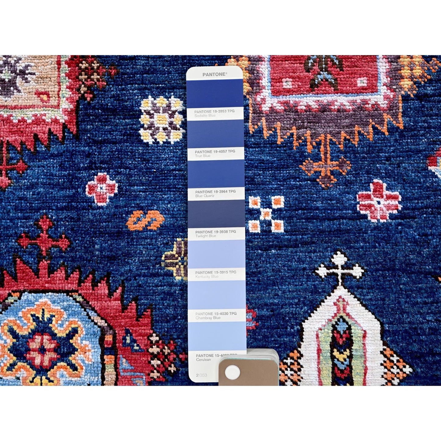 8'5"X9'8" Yale Blue Afghan Caucasian Design Revival Hand Knotted Wool Rug
