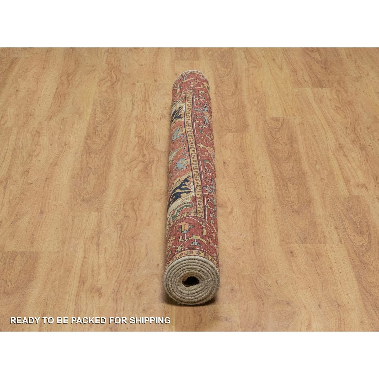 6'2"X9'1" Ivory Antiqued Heris Re-Creation Hand Knotted Soft Wool Rug