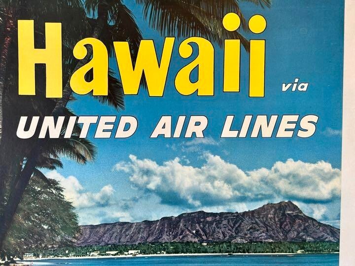 Hawaii Poster United Air Lines Ala Moana Beach Promotion Vintage Print Ultrarare