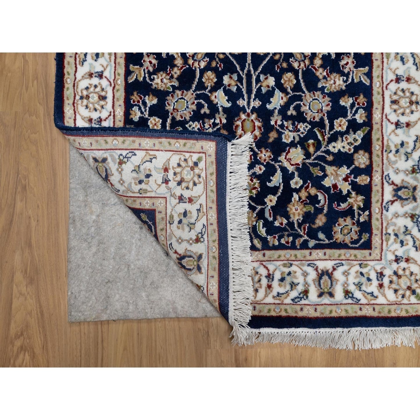 2'8"X18'1" Blue Nain Flower Design Wool And Silk Hand Knotted Runner Rug