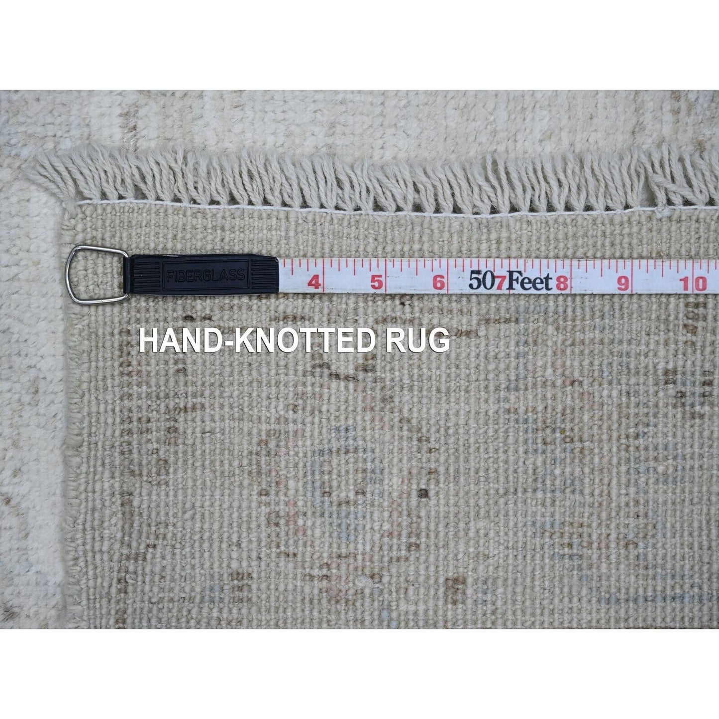 3'X9'5" White Hand Knotted Afghan Angora Oushak Vines Design All Wool Rug
