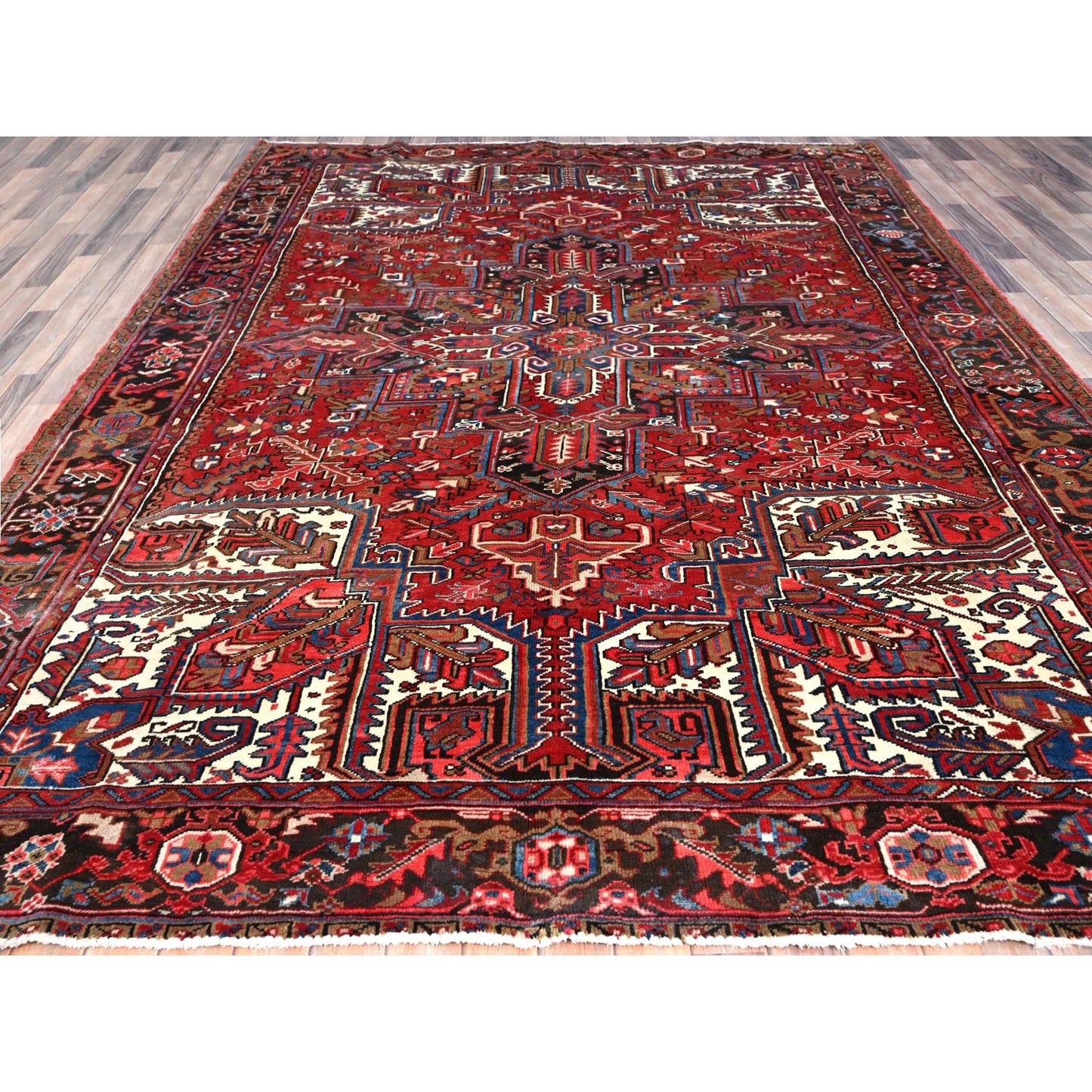 8'2"X10'10" Red Centre Geometric Medallion Cropped Thin Oriental Rug