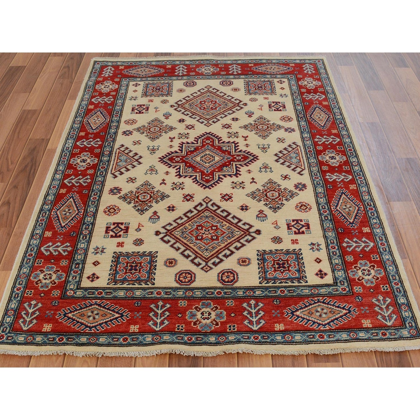 4'X5'10" Ivory Special Kazak Tribal Design Pure Wool Hand Knotted Rug