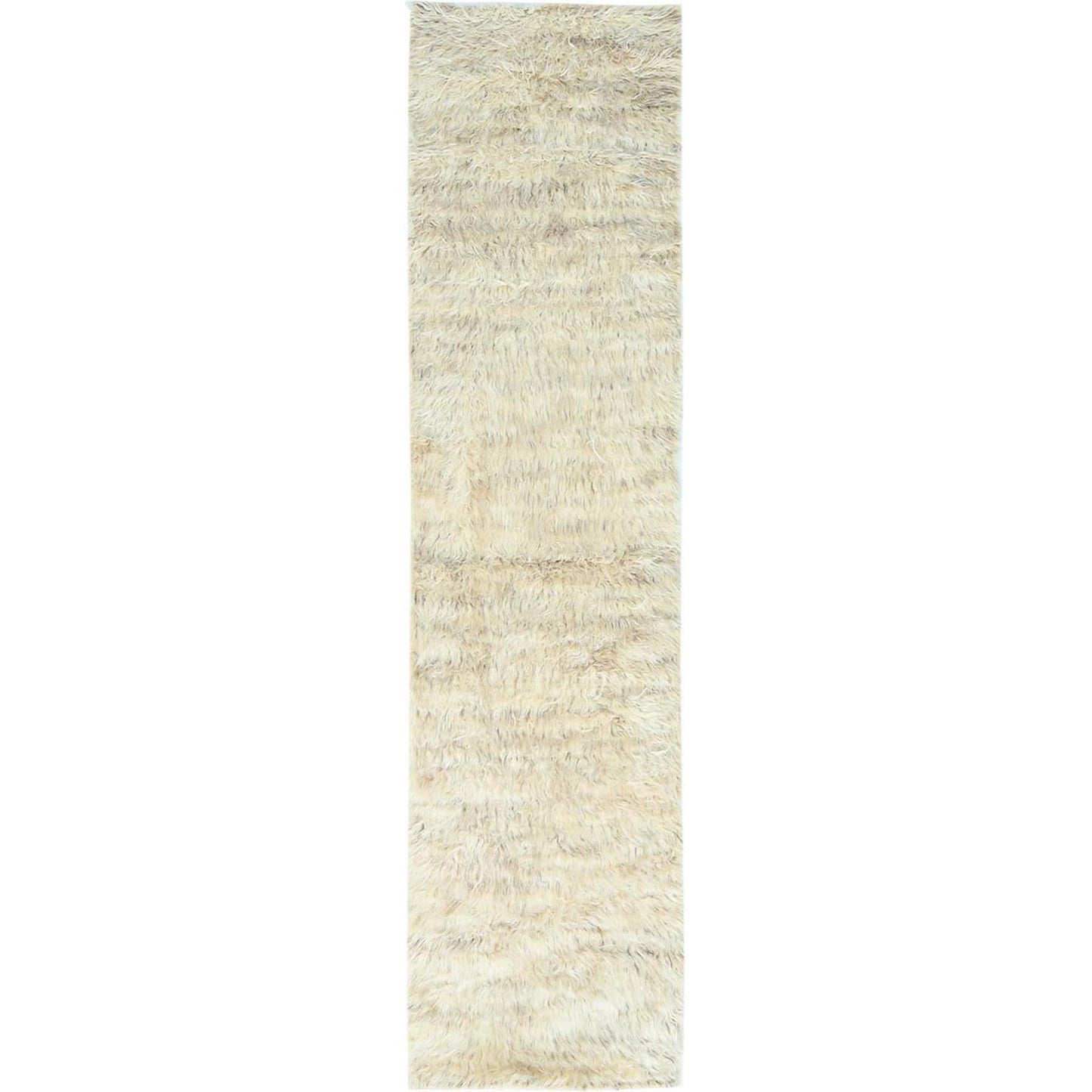 2'6"X10' Beige Wool Hand Knotted Shaggy Moroccan Oriental Runner Rug