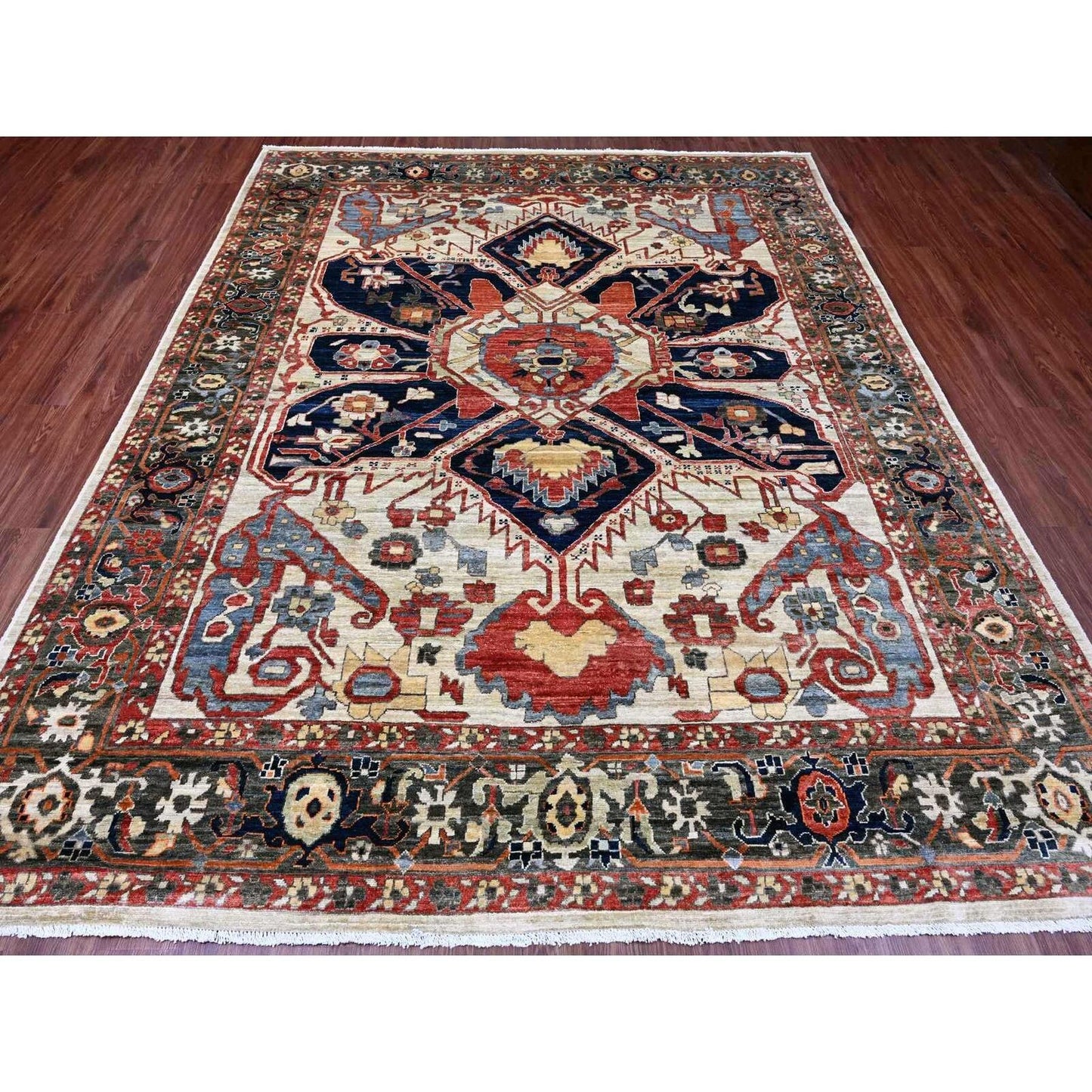 8'2"X10' Brown With Blue Hand Knotted Aryana Seeripe Heris Pure Wool Rug