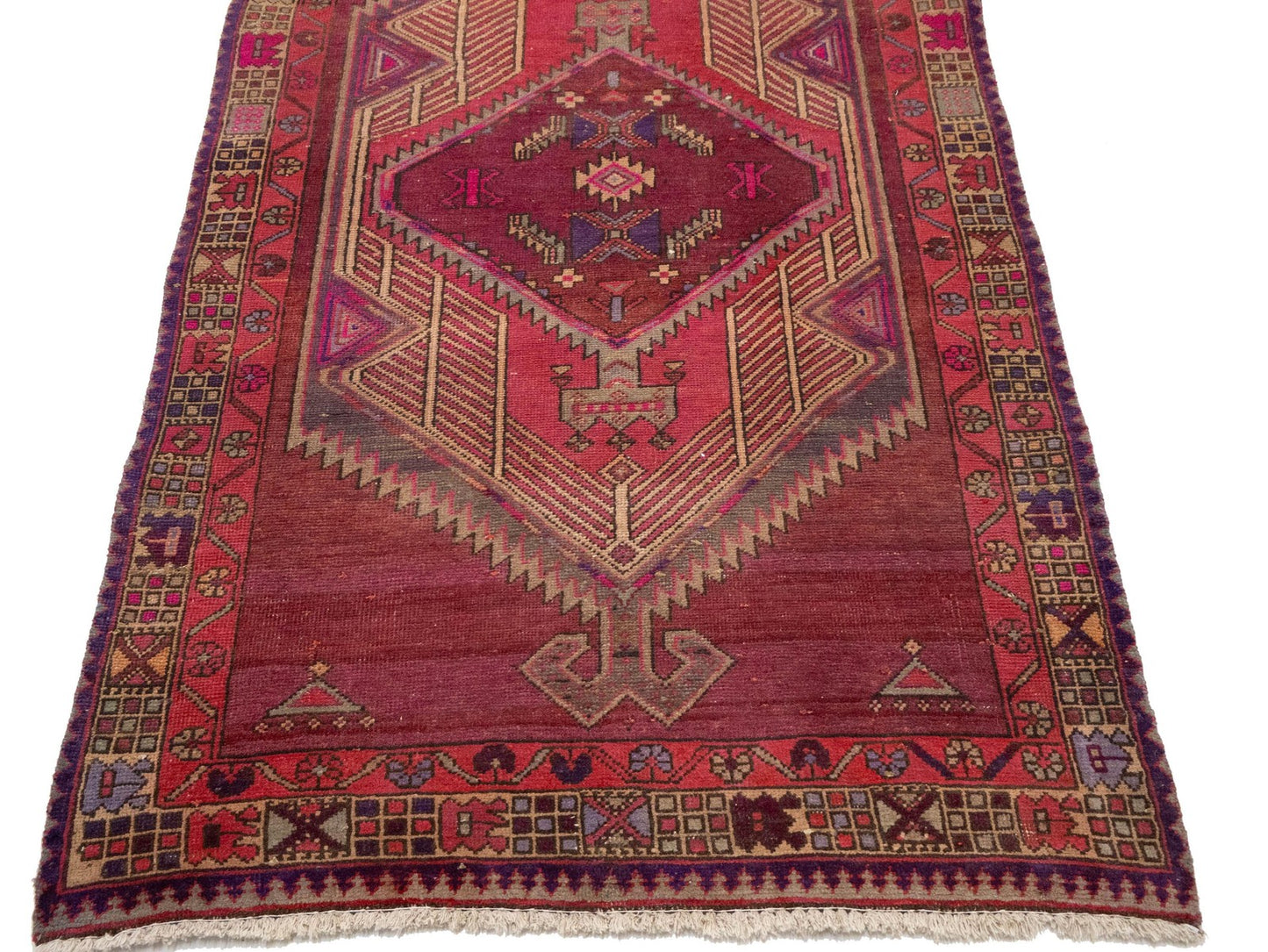 Oriental runner rug geometric tribal style carpet handmade vintage wool 4x11