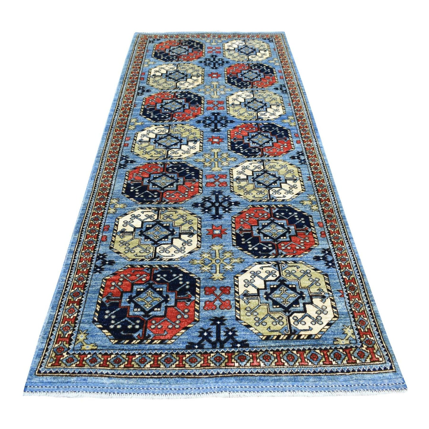 4'1"X9'9" Extra Soft Wool Hand Knotted Blue Afghan Ersari Wide Runner Rug