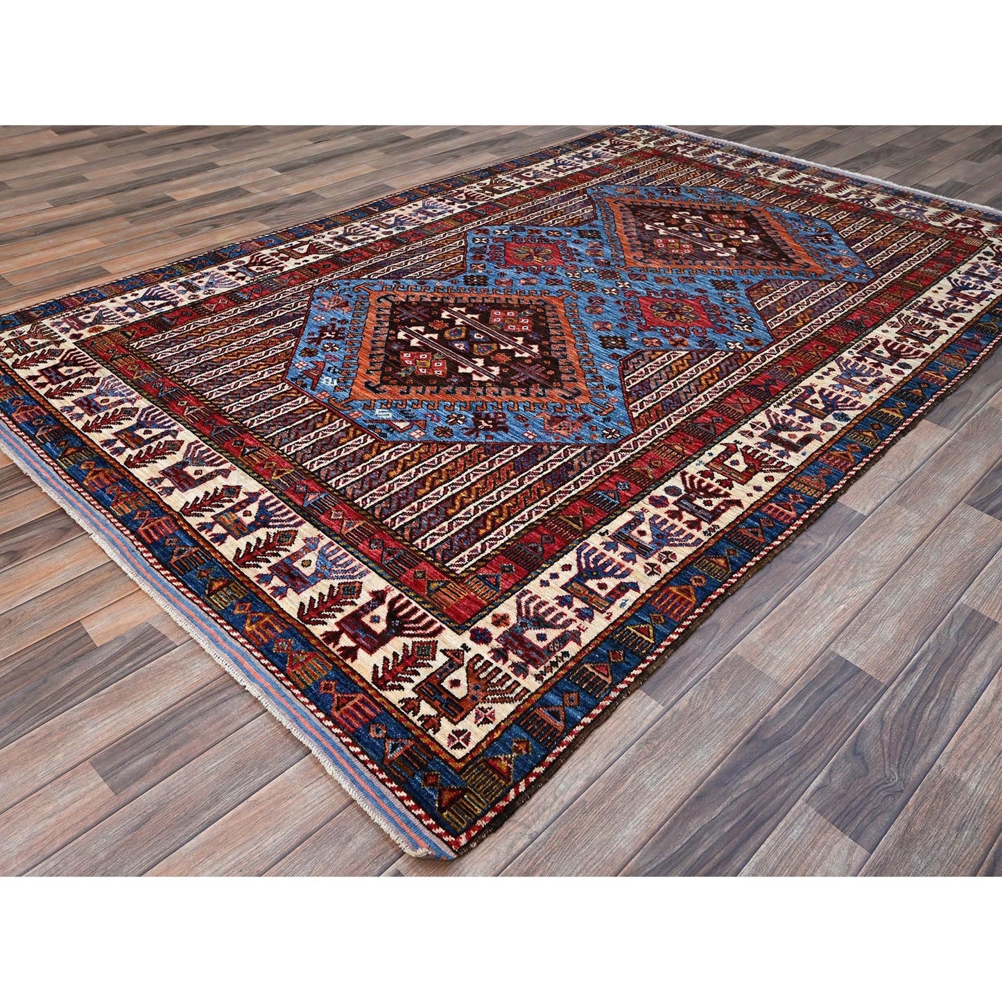 5'10"X9' Azure Blue Hand Knotted Shiny Wool Turkish Knot Striped Rug