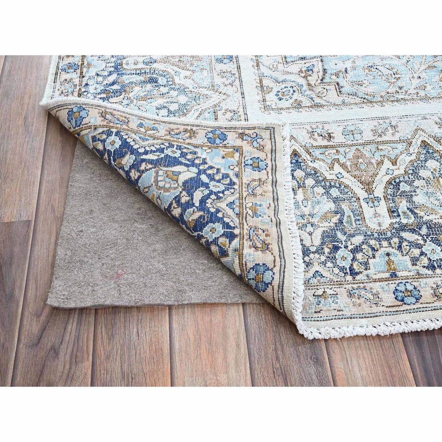 7'2"X10'1" Blue Vintage Zoroastrian Karman Worn Down Wool Hand Knotted Rug
