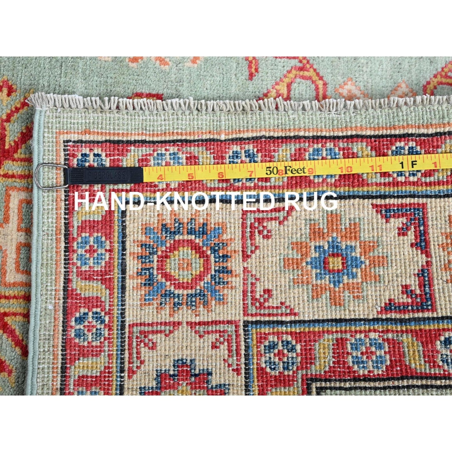 3'5"X5' Honeydew Green Kazak With Tribal Design Soft Wool Hand Knotted Rug