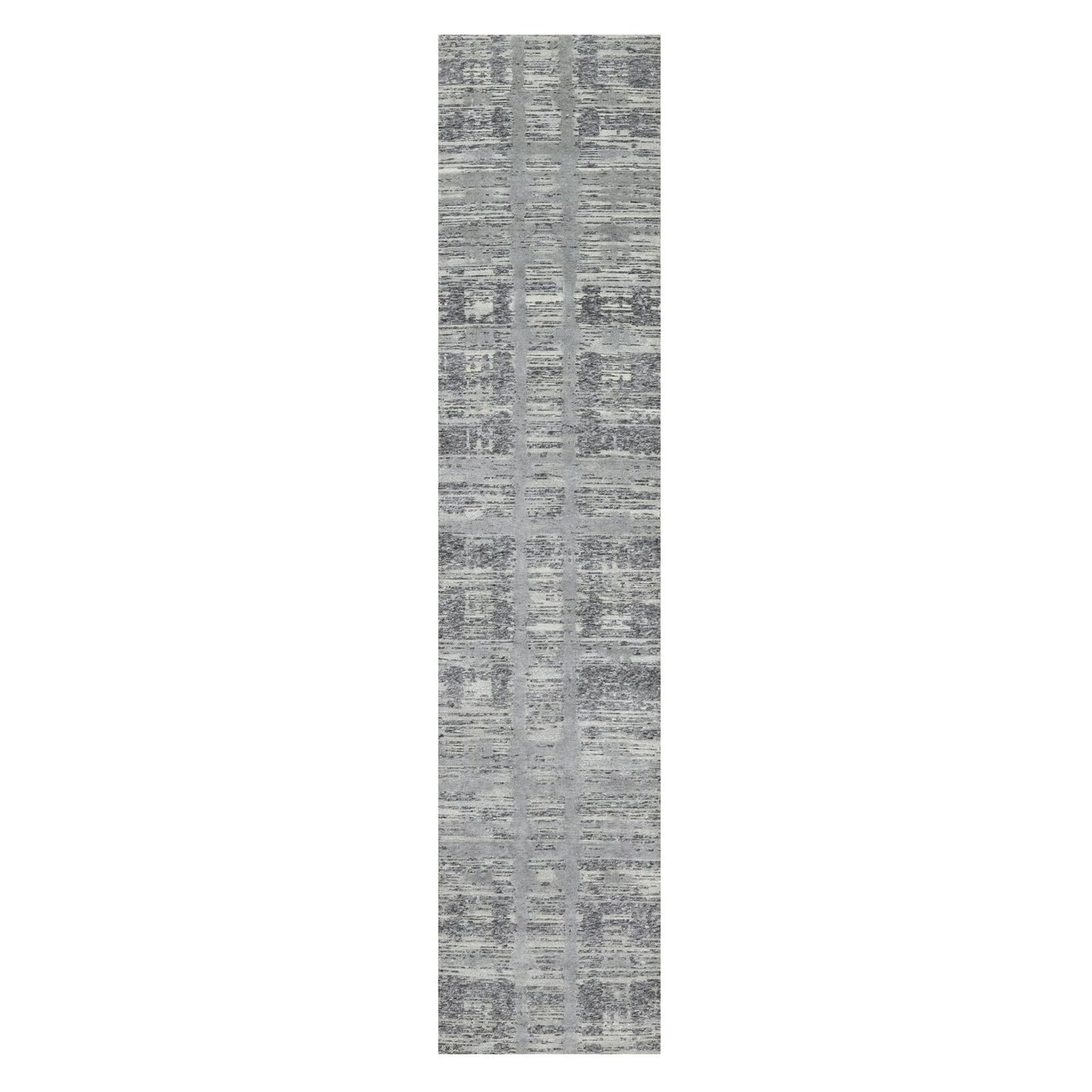 2'6"X11'8" Gray Undyed Natural Wool Hand Knotted Modern Design Runner Rug