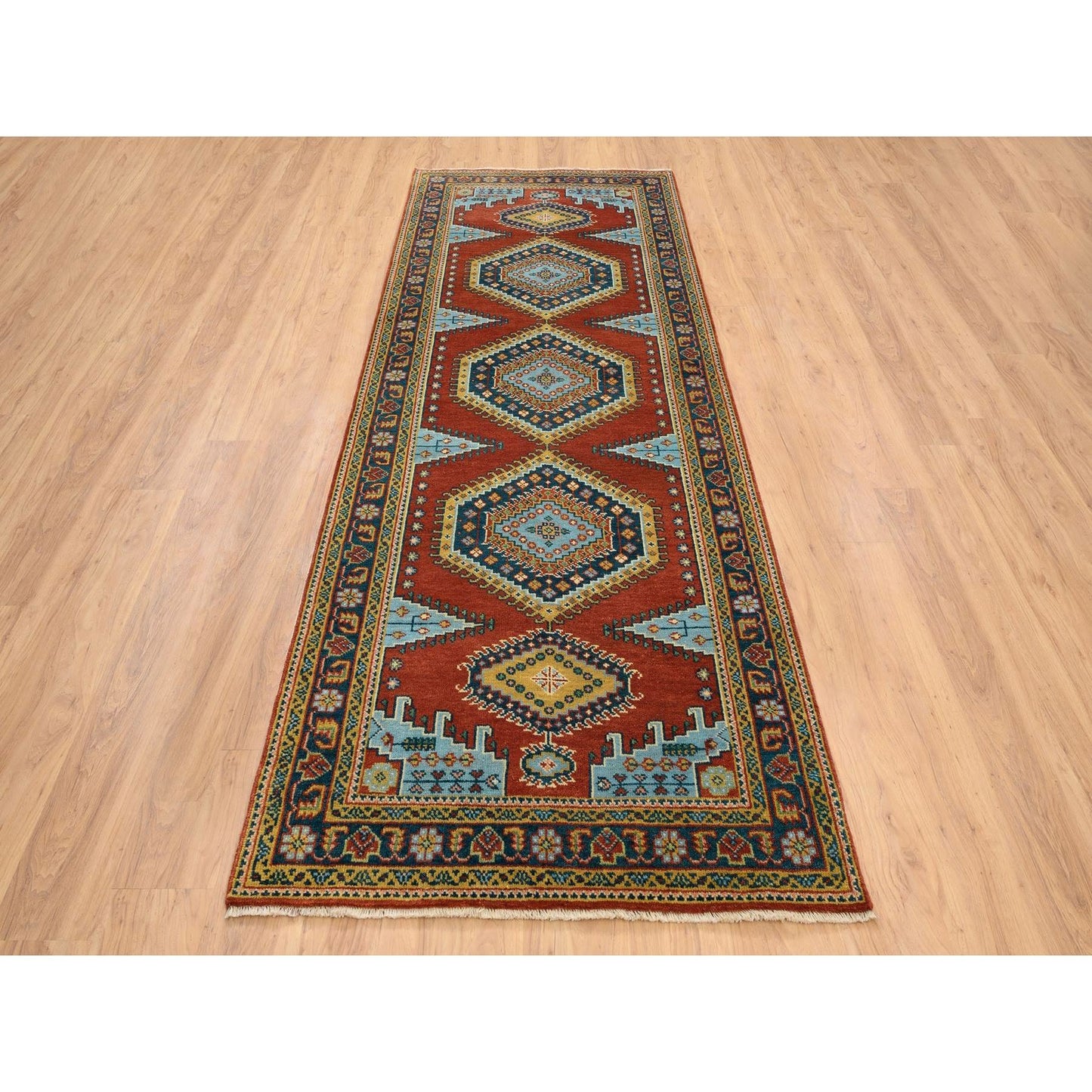 4'X10' Brick Red Wool Hand Knotted Farsian Viss Design Wide Runner Rug