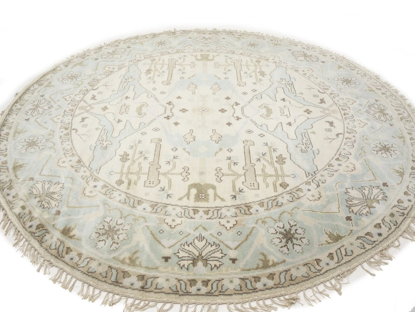 Hand-Knotted Cream Round Oushak Oriental Rug