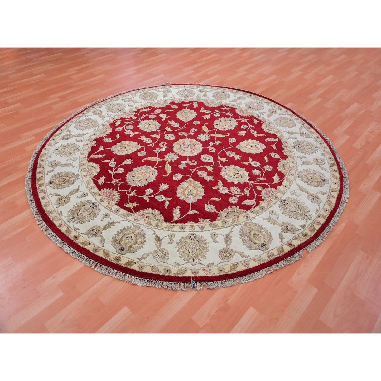 8'X8' Red Rajasthan Leaf Design Wool Silk Pile Hand Knotted Round Rug