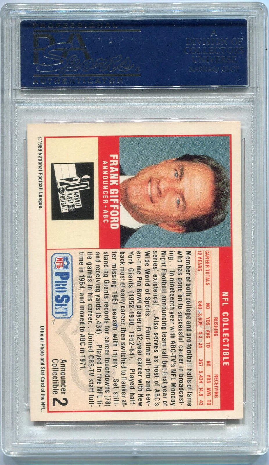 Authenticated Frank Gifford 1989 Pro Set Autographed Card #2 PSA/ DNA