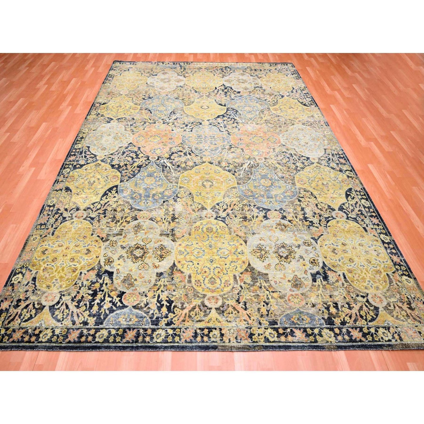 9'1"X11'9" Yellow Repetitive Emblem Design Hand Knotted Wool Oriental Rug