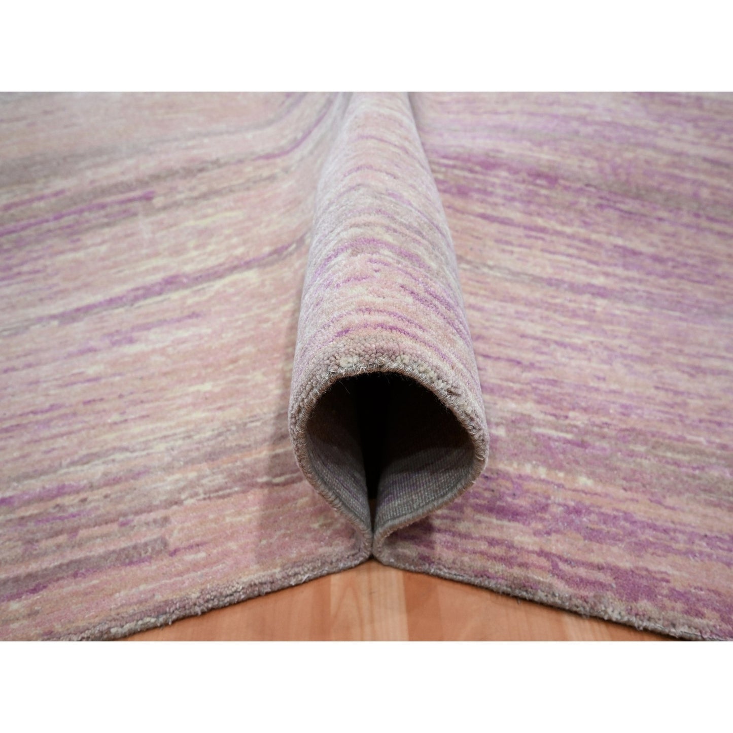 9'X12'3" Flamingo Pink Horizontal Ombre Design Hand Knotted Pure Wool Rug