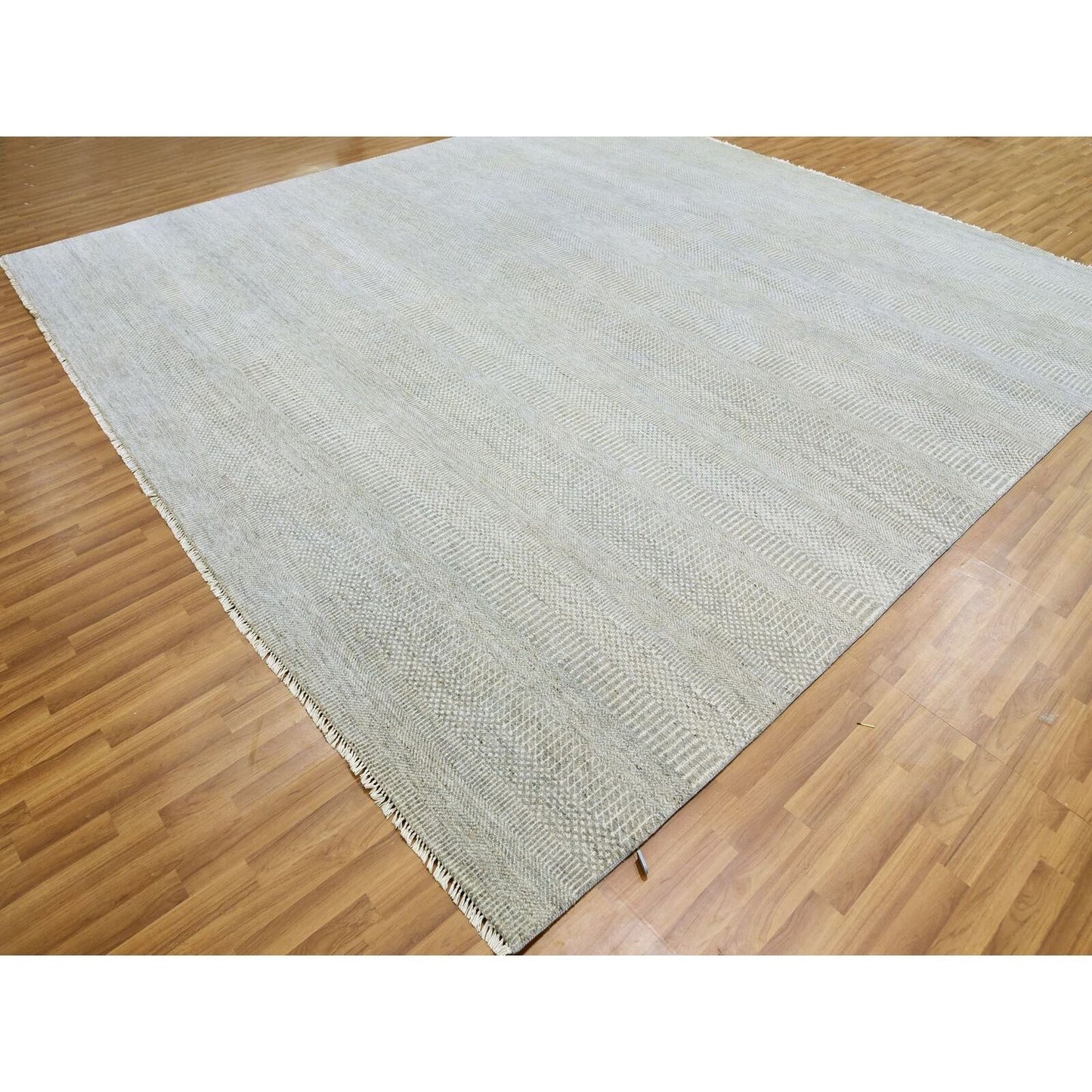 12'X12'4" Olive Gray Grass Design Undyed Wool Hand Knotted Square Rug