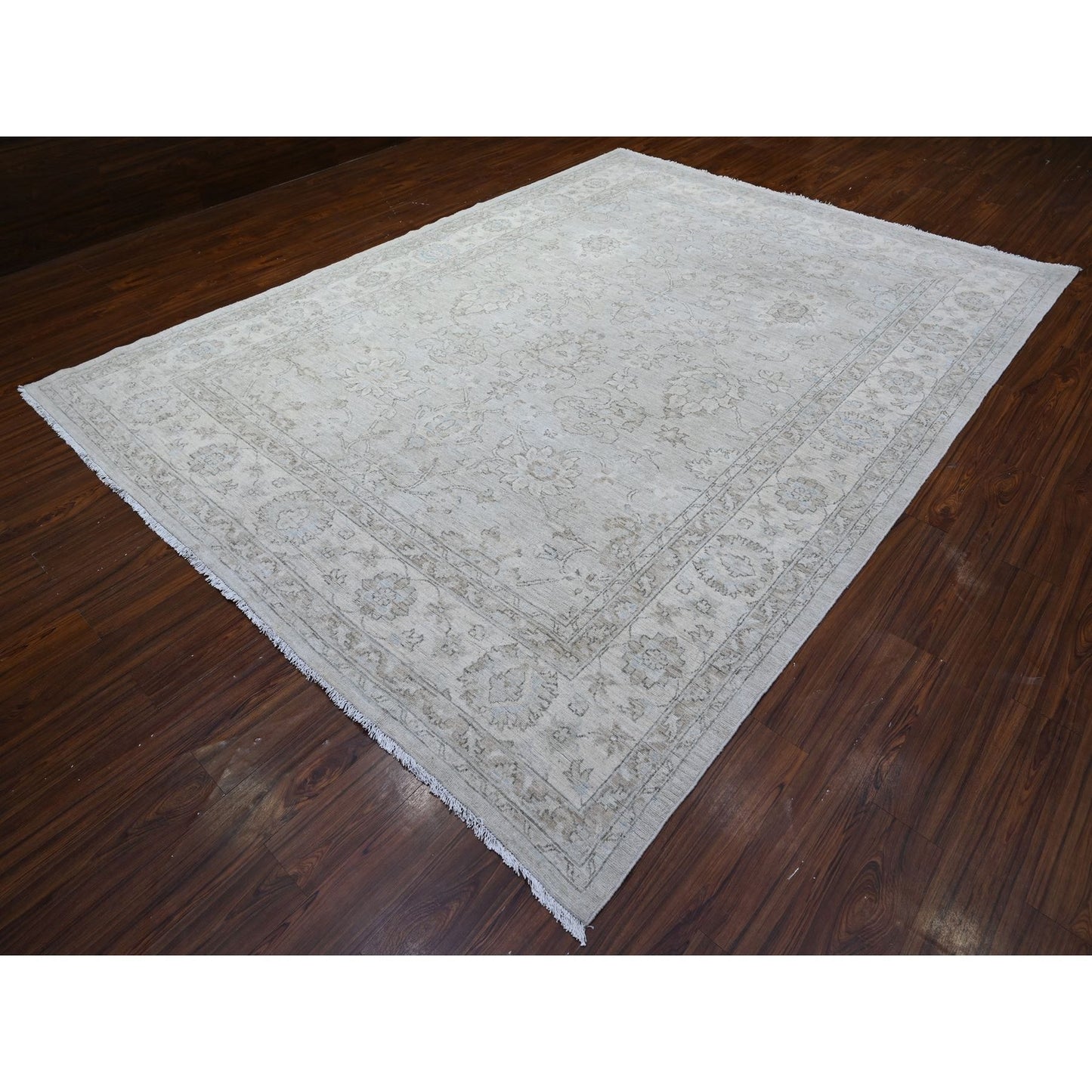 8'10"X11'10" Goose Gray Hand Knotted Pure Wool White Wash Peshawar Rug