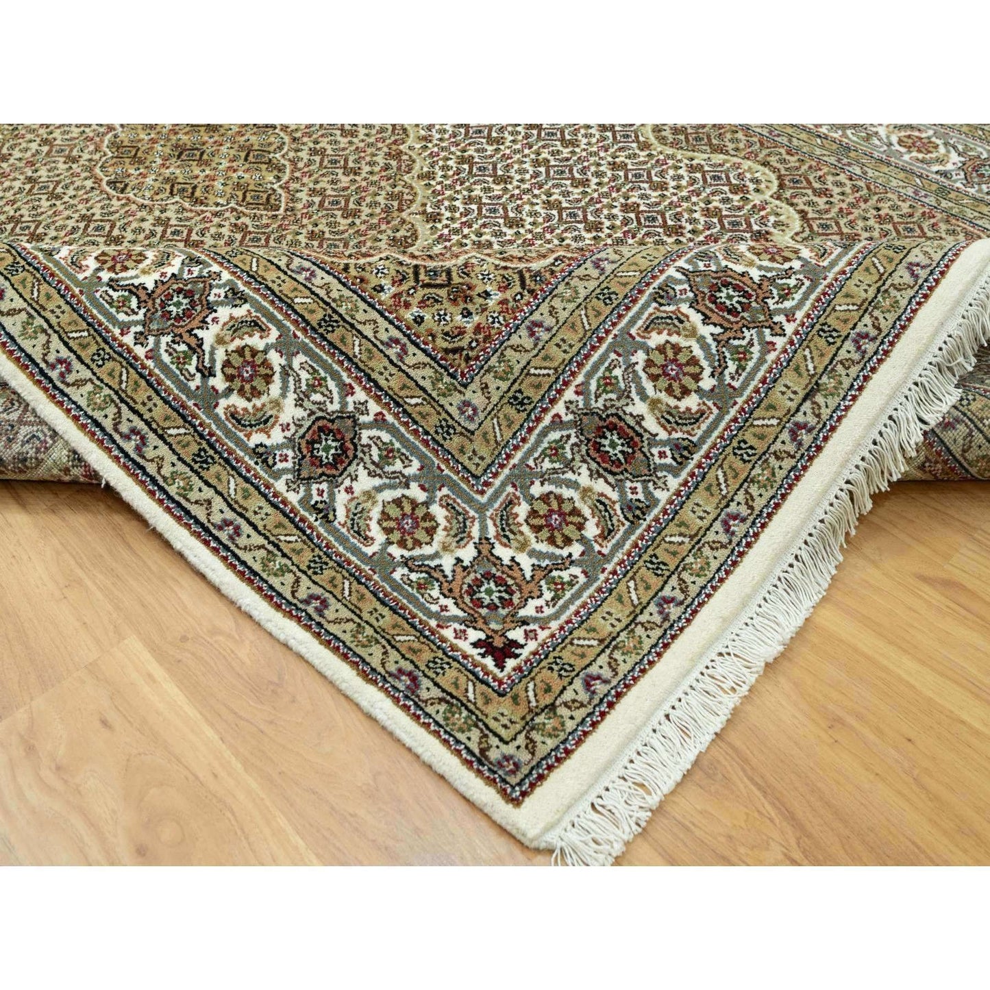 5'10"X9'2" Silky White Wool Tebraz Mahi Design Hand Knotted Oriental Rug