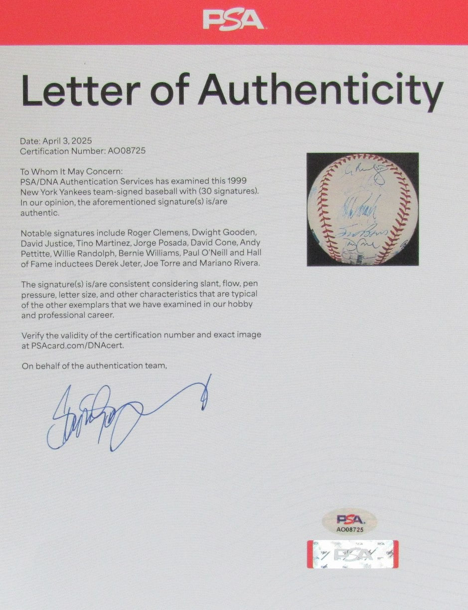 1999 Yankees Team-Signed By 30 Oml Baseball Ws Champs Jeter Rivera Hof Psa 96419