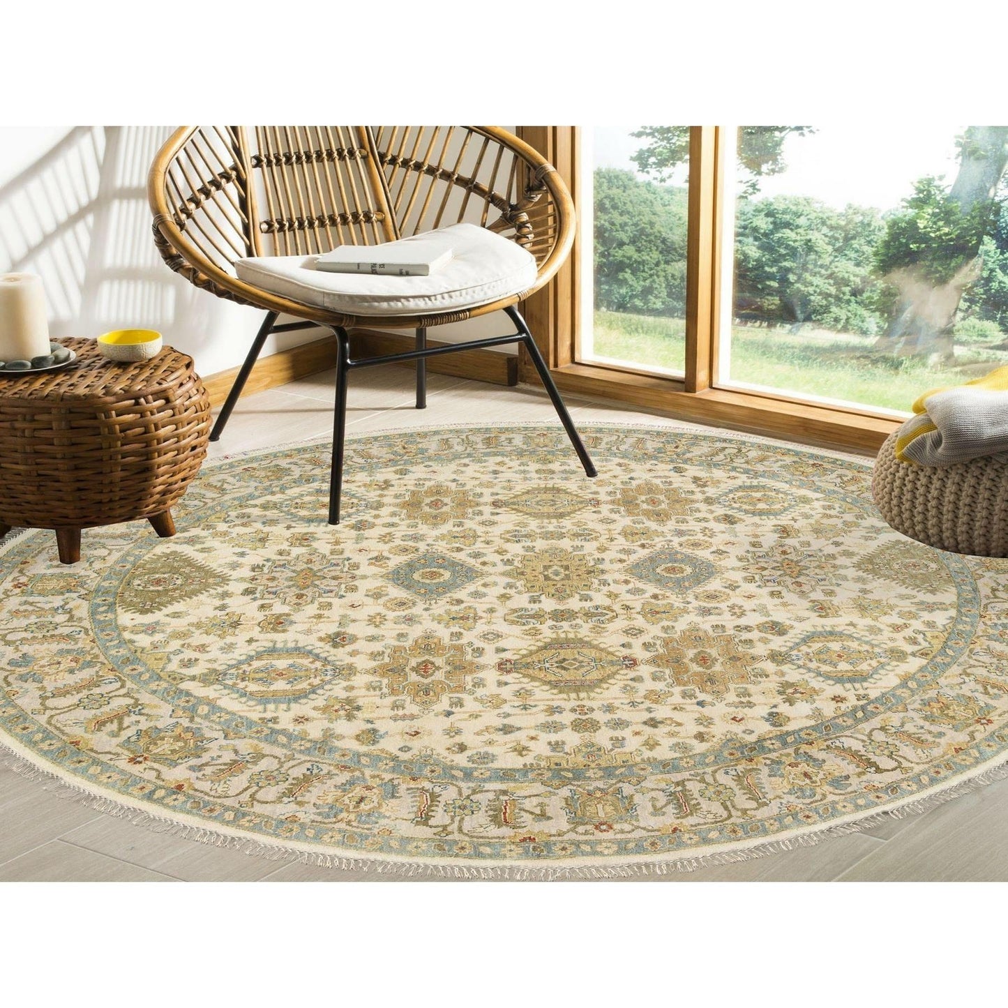 8'10"X8'10" Ivory Hand Knotted Karjihooz Design Wool Round Rug