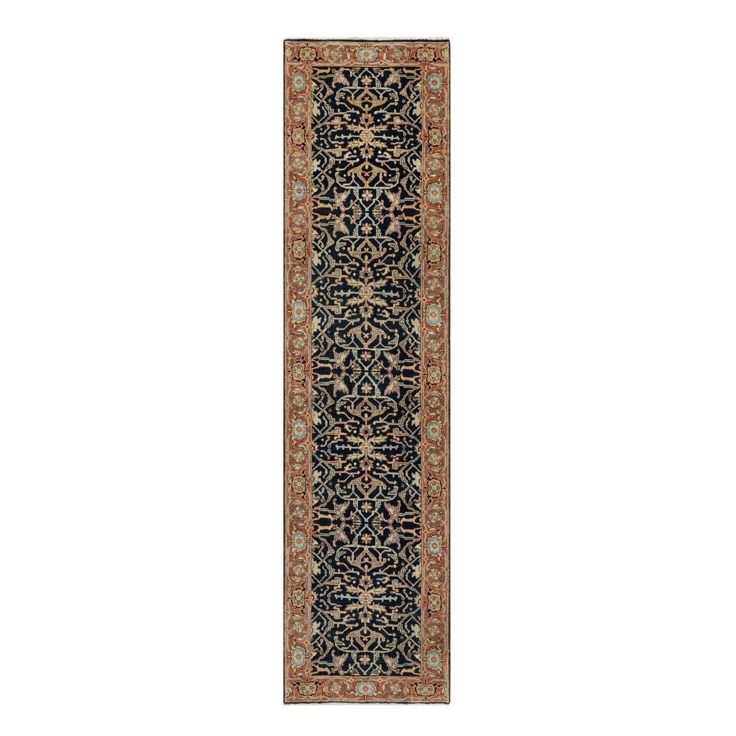 2'6"X10'1" Blue Hand Knotted Heris Re-Creation Wool Runner Oriental Rug