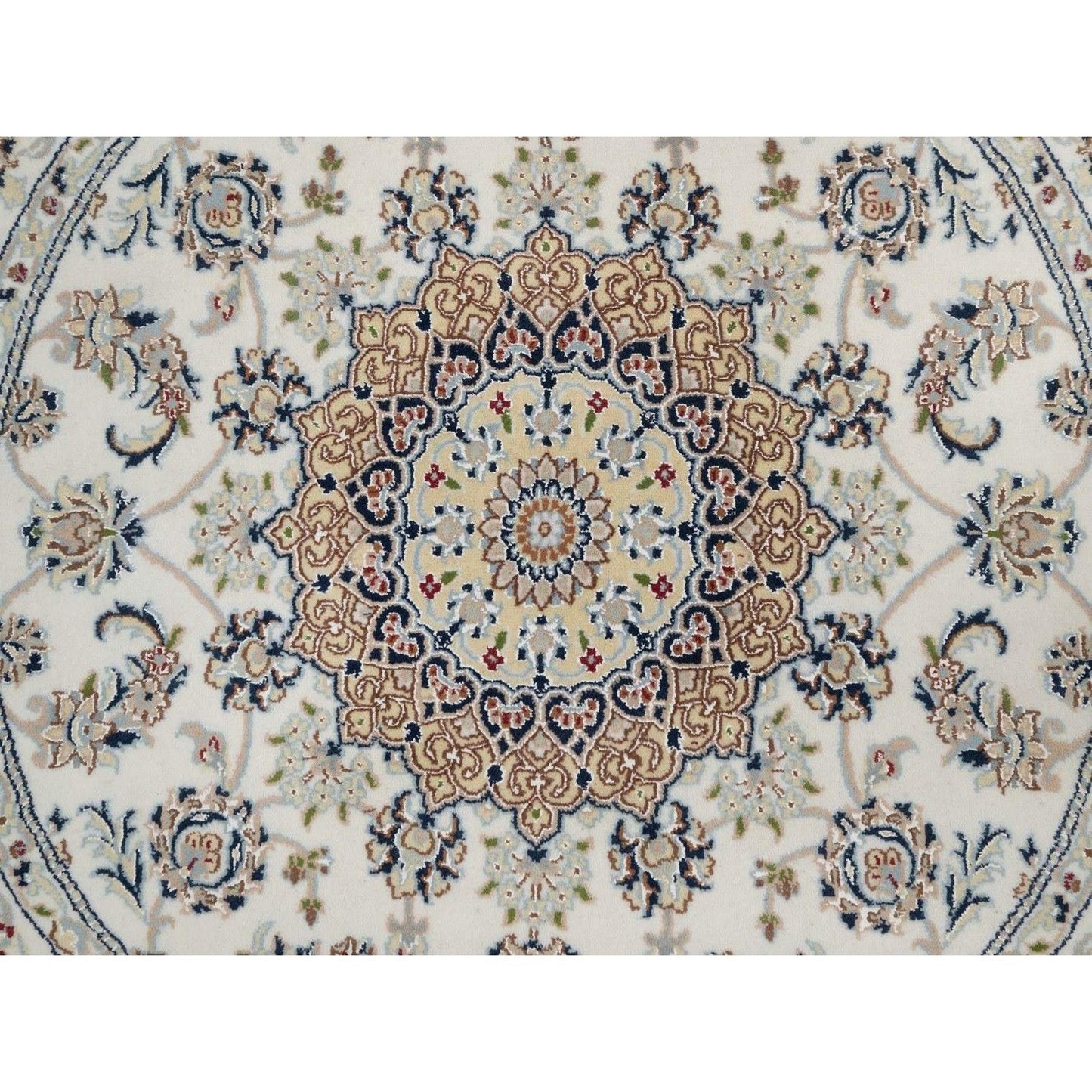 5'X5' Ivory Nain With Flower Design Hand Knotted Wool And Silk Round Rug