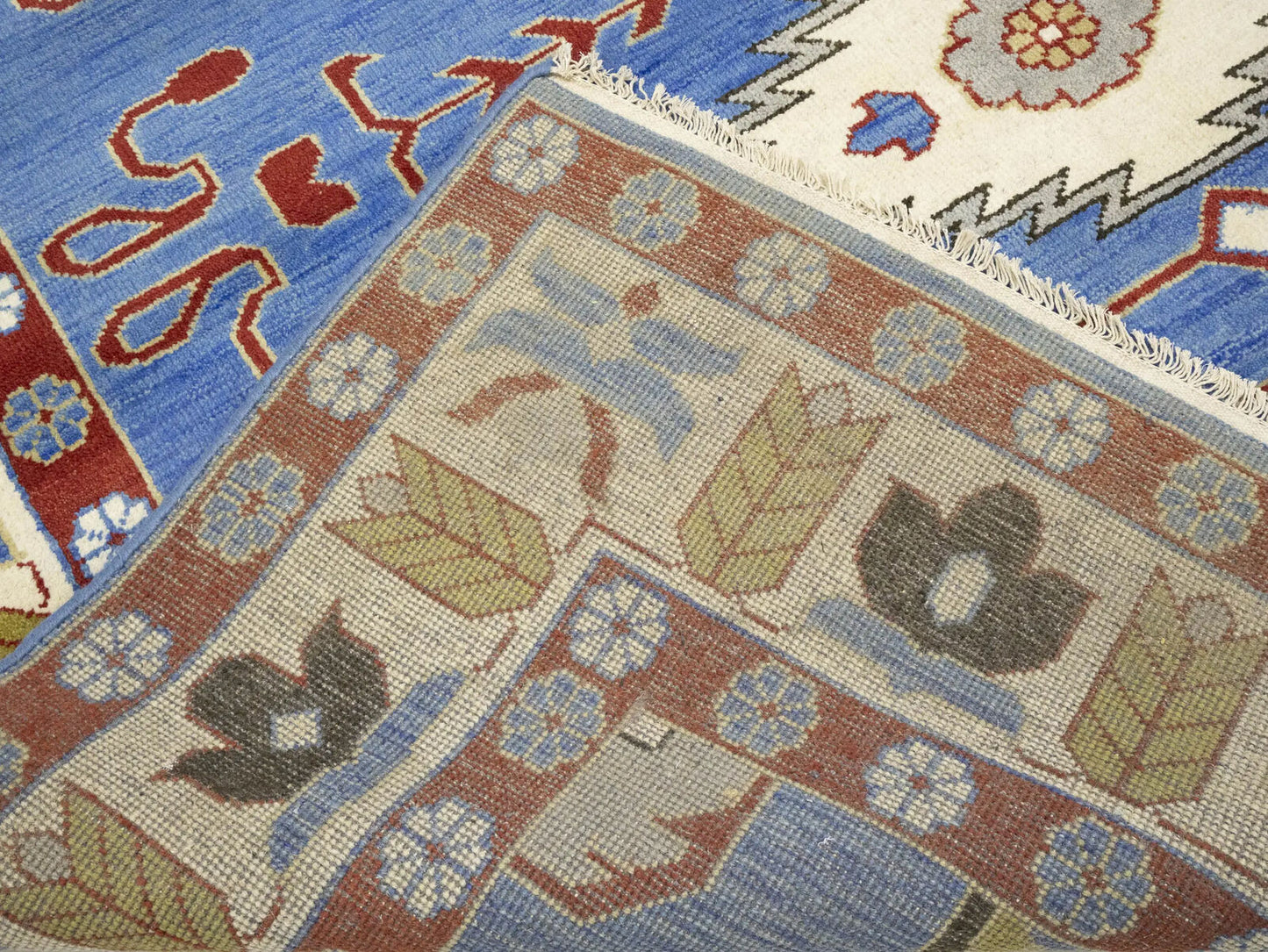 Farmho Boho Blue Geometric Kazak Oriental Rug