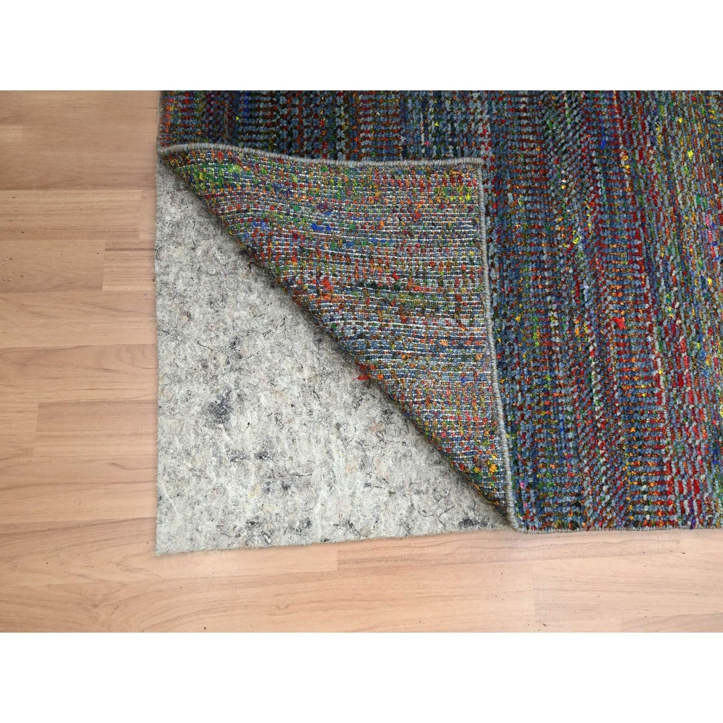 2'9"X10'2" Blue Grass Design Wool And Silk Modern Hand Knotted Runner Rug