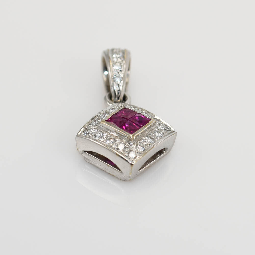18K White Gold Ruby & Diamond Pendant .10Tdw, 3.1G