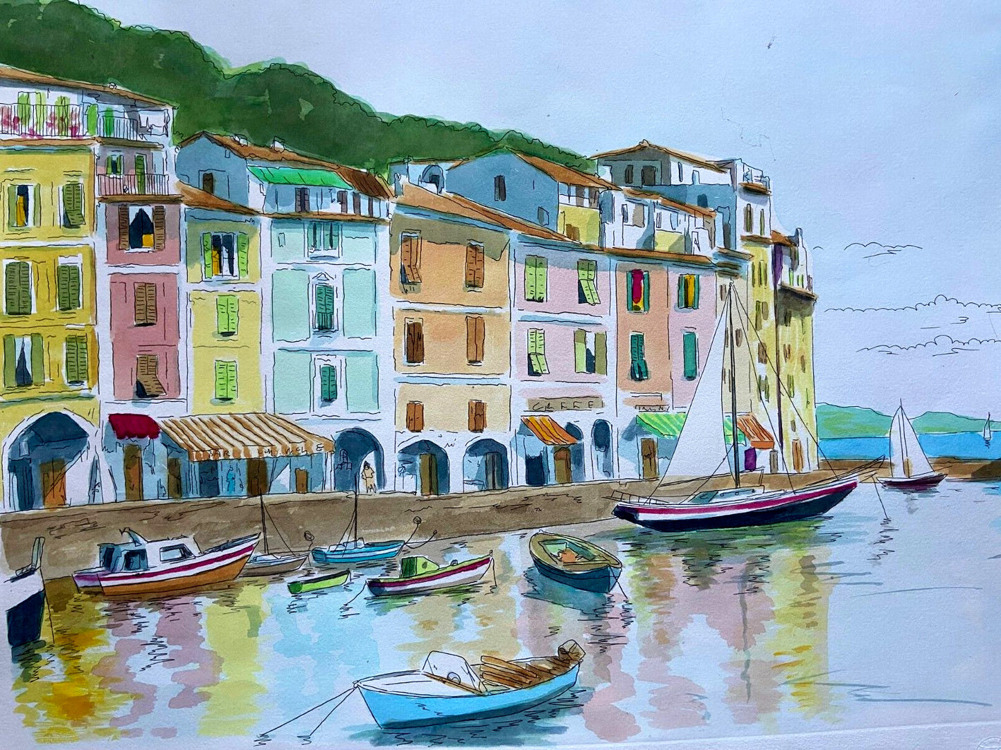 Aldo Riso ''Portofino'' Hand-Painted Engraving 60X80 - Authenticated And Signed