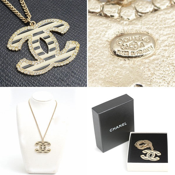 Chanel Necklace Coco Mark Striped Rhinestone Pendant Gold Color 06A Gp
